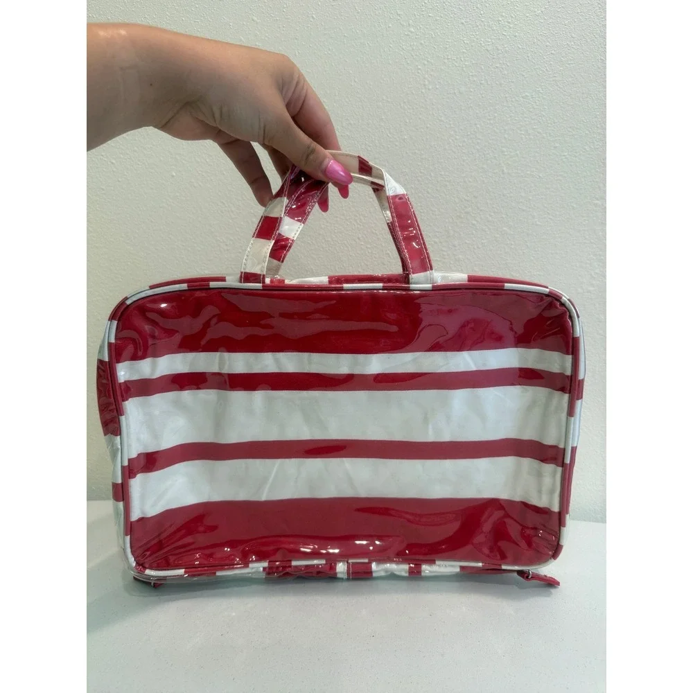 Red White Striped Cosmetic‎ Travel Bag Glossy Patent Organizer Case Zippered